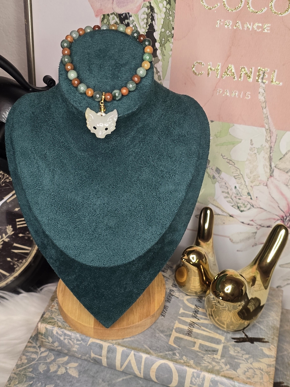 Natural Jade Multicolor Beaded Bracelet with Fox Mask